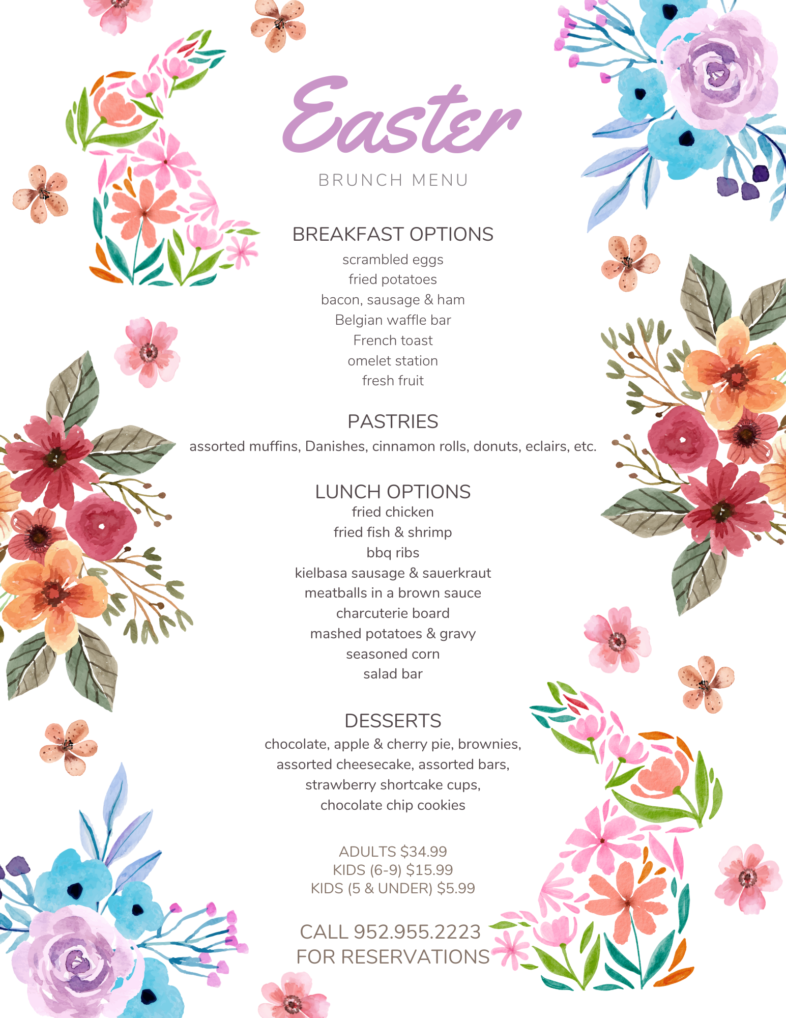 Easter Brunch Watertown menu with floral borders, listing breakfast, lunch, and dessert options.