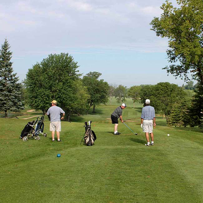 Three people golfing near trees and golf bags at a Watertown MN course—ideal for weddings, too.