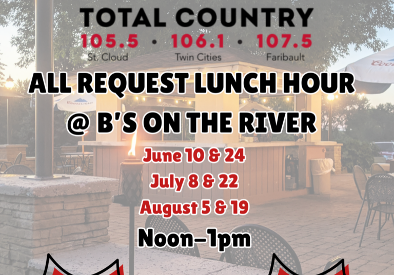Event flyer for BOB FMs lunch hour at B’s on the River, with cookouts and ticket giveaways.